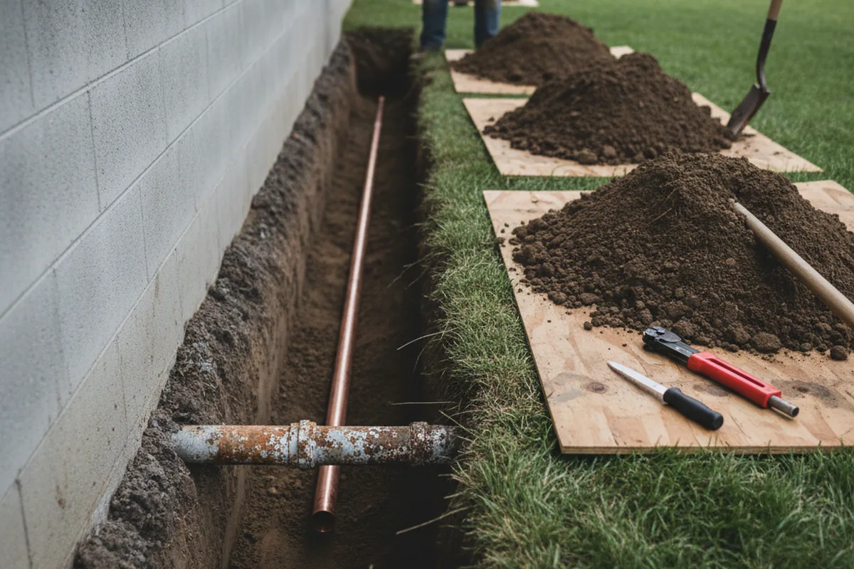 Excavated water line trench during Sewer Line Repair in Cedartown